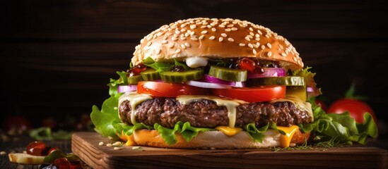 Close-up of a classic burger with lettuce, tomato, cheese, and onion