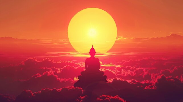 Silhouette of a Buddha image against the backdrop of a radiant sunrise or sunset