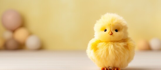 A small yellow chick on a table - obrazy, fototapety, plakaty
