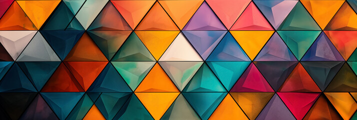 Wall with triangular facets in an abstract design, featuring a spectrum of warm to cool hues. - obrazy, fototapety, plakaty