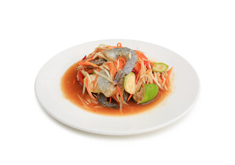 Shrimp papaya salad in dish isolated on white background. Image with Clipping path. - 793792858