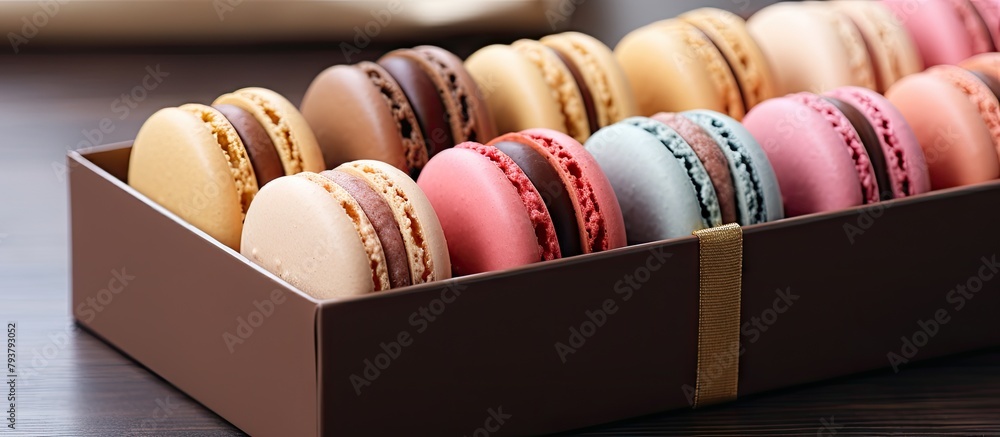 Poster macarons arranged in a box on a table