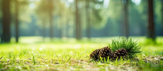 Rolgordijnen Pine cone in grass by woods © Ilgun