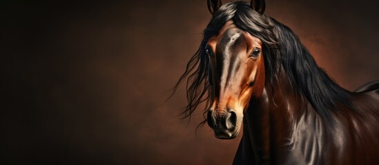 A majestic horse with a dark mane against a brown backdrop - obrazy, fototapety, plakaty
