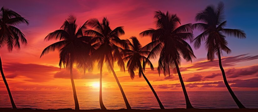 Sunset silhouettes palm trees on sandy beach