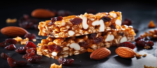 Granola bar topped with nuts and dried fruit