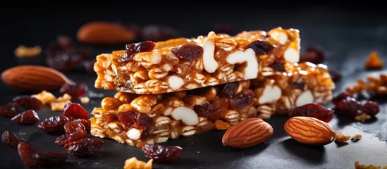 Tuinposter Granola bar topped with nuts and dried fruit © Ilgun