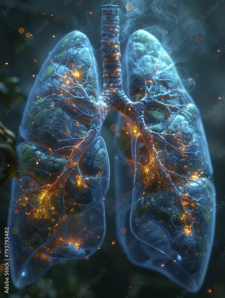 Sticker Artistic 3D lung render in neon blue and green hues, with digital particles emphasizing breathability and life force in a minimalist composition.