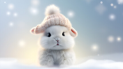 pink hat bunny look wow with his cute eyes that shine like twinkle stars and on blue and white shining background   