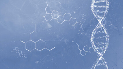 Transparent DNA strand with white chemical structure elements. Bright blue background with detailed glowing particles and copy space. Illustration. - 793793468