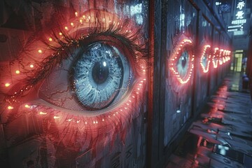3D eyes illuminated by an array of neon lights, floating in a dark space, evoking themes of sight and vision accuracy, minimal style.