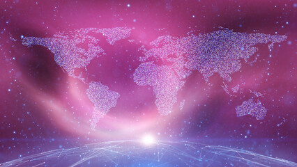 Violet pink detailed world map in virtual cyberspace with  glowing particles illustration background.