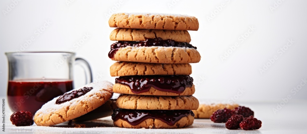 Poster stack of cookies topped with jam and raspberry