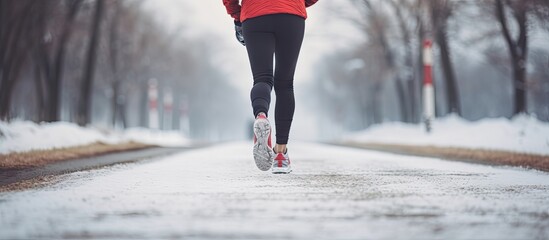 Woman running in snowy landscape