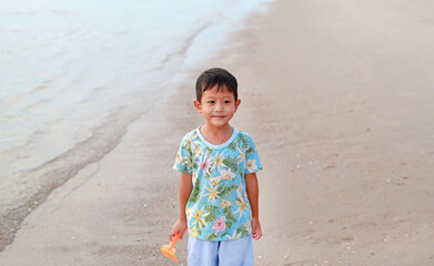 Portrait of smiling Asian little boy on the sand beach. - 793793820