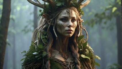 Leshy beautiful female character scary spirit of the forest slavic ancient folk style - obrazy, fototapety, plakaty