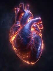 Neon highlighted 3D heart in a minimalist dark setting, portraying the pulse of life and advanced medical imagery, minimal style.