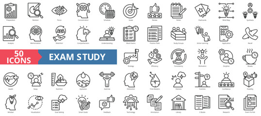 Exam study icon collection set. Containing preparation, revision, focus, concentration, schedule, goals, review, notes icon. Simple line vector.