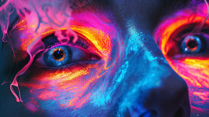 Intense close-up of a face with neon paint streaks, creating a vibrant and electrifying visual effect.
