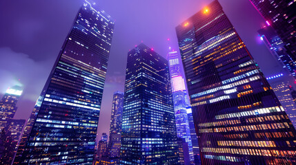 Looking up at the towering skyscrapers bathed in neon lights, the urban skyline presents a captivating spectacle against the night sky.