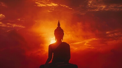 The tranquil silhouette of a Buddha image set against the fiery hues of a sunrise