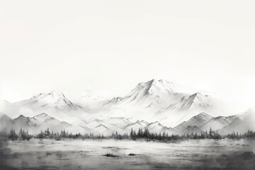 A black and white painting of snow capped mountains in the distance with trees in the foreground.