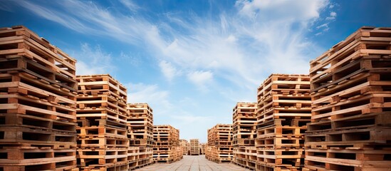 Wooden pallets stacked high on a brick path