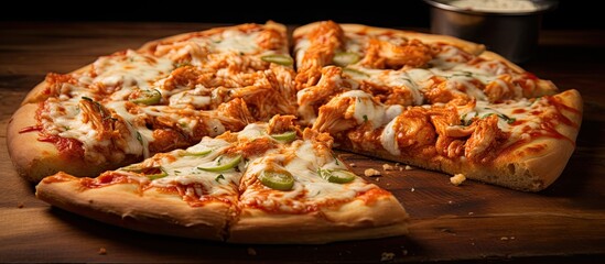 Pizza with chicken and cheese on wooden board with beer - Powered by Adobe