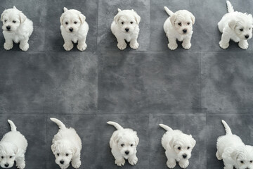 Adorable litter of white puppies standing in a row on a gray tiled floor, cute and playful pet concept