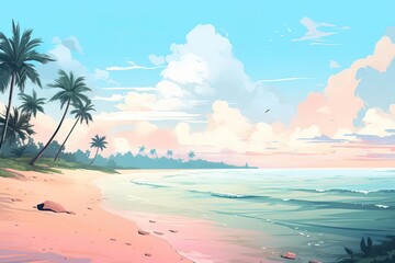 Fototapeta na wymiar A beautiful beach with palm trees, white sand, and a blue ocean.
