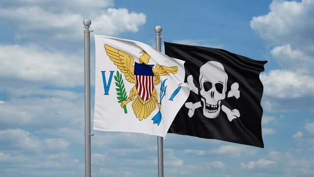 Virgin Islands of the United States and Jolly Roger or pirate two flags waving together, looped video