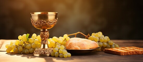Close-up of golden goblet with grapes and bread