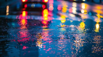 Traffic lights reflected on wet asphalt road after rain, adding ambiance to urban night scenes.