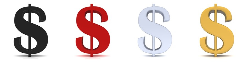 Dollar signs black red silver gold colored 3d render graphic illustration isolated on white background in high resolution for print and business