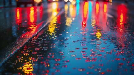 Traffic lights reflected on wet asphalt road after rain, adding ambiance to urban night scenes.