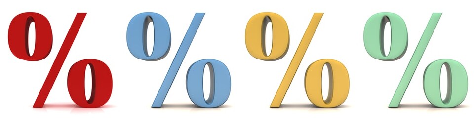 Percentage signs 3d colored red blue yellow green percent symbols rendering graphic illustration in high resolution for print and business isolated on white background