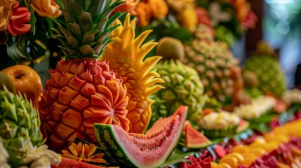 Fototapeta premium Vibrant fruit carving display featuring intricately carved fruits such as watermelon and pineapple, a Thai culinary tradition.