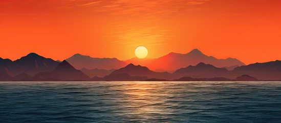 Gordijnen Sunset Over Ocean With Mountain Backdrop © Ilgun