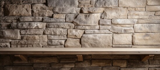 Wooden bench by stone wall