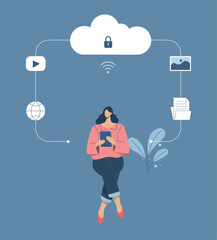 Protection of important personal databases, Secure cloud downloads and uploads, Personal security management concept, Woman using tablet online in social media. Vector design illustration.