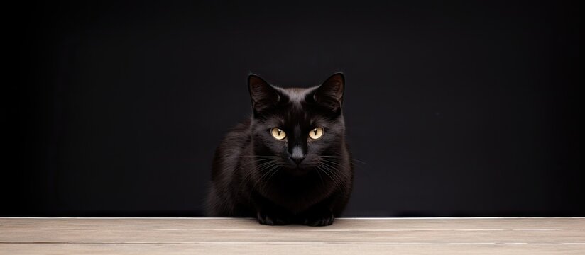 A curious black feline on a wooden surface gazes at the viewer