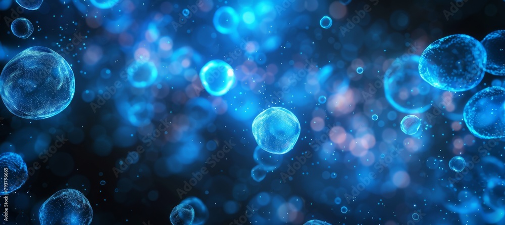 Poster 3d render of abstract background with transparent cells and bubble structure on blue background