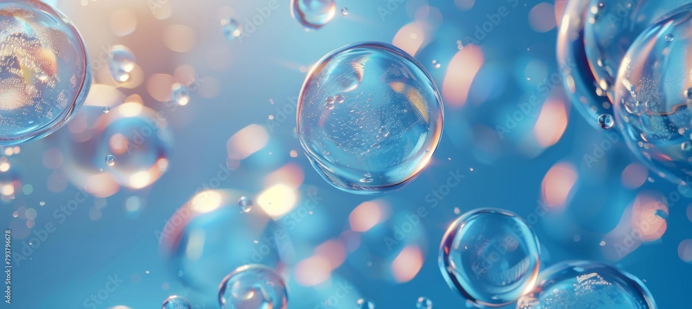 Poster 3d render of abstract background with transparent cells and bubble structure on blue background