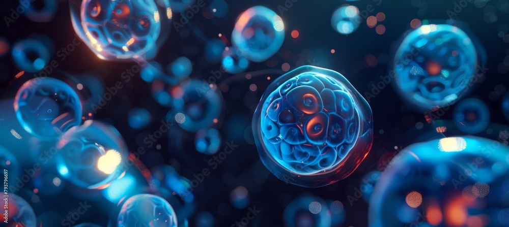 Poster 3d render of abstract background with transparent cells and bubble structure on blue background