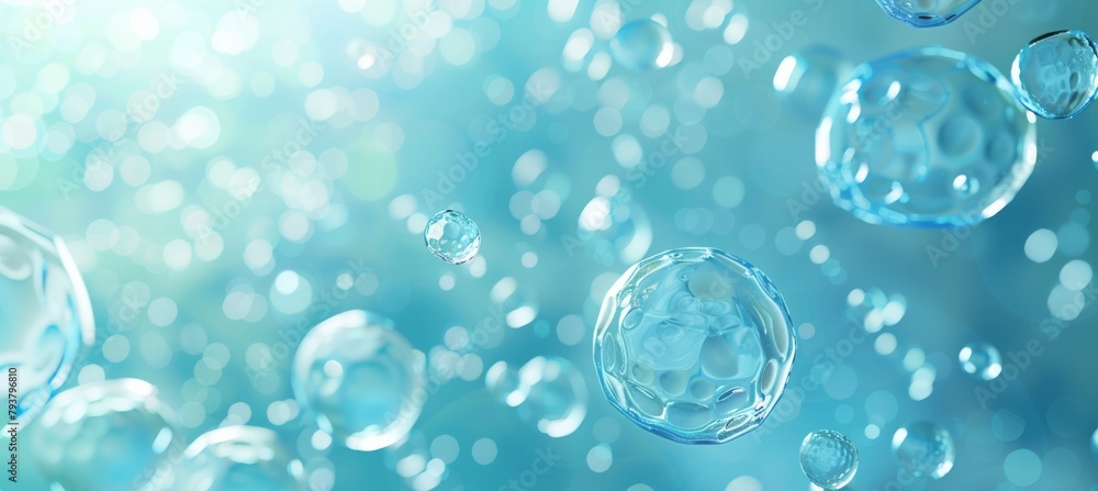 Poster 3d render of abstract background with transparent cells and bubble structure on blue background