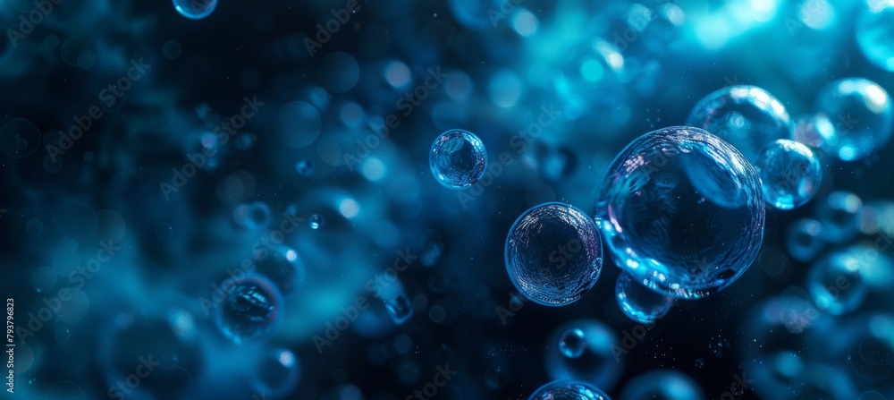 Poster 3d render of abstract background with transparent cells and bubble structure on blue background