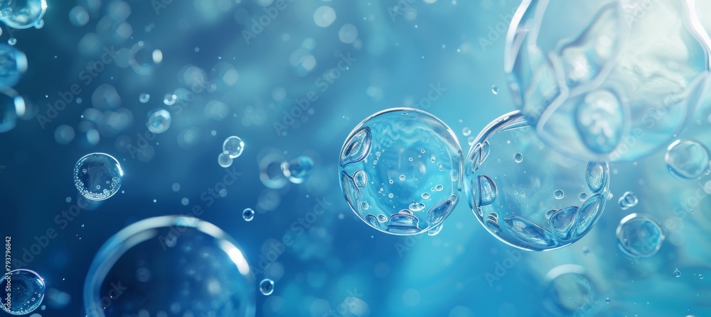 Poster 3d render of abstract background with transparent cells and bubble structure on blue background