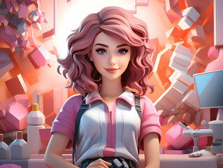 3d illustration of a beautiful young woman with pink hair and a backpack