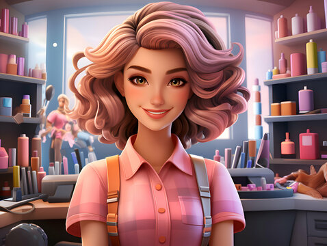 Beautiful girl with pink hair in a beauty salon. 3d rendering
