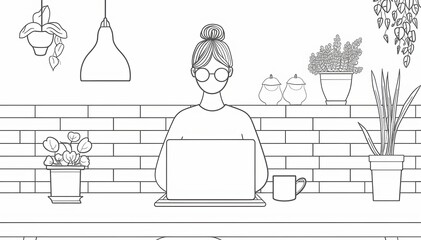 White line drawing of young professional working from home remotely. Minimalist illustration with white background. 